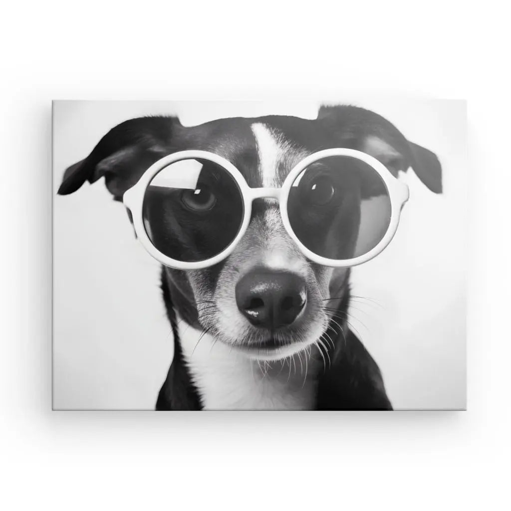 Tableau Chien Lunettes Noir et Blanc Drôle et Mignon Portrait Animal - Univers Noir et Blanc - #tag1# - #tag2# - #tag3#