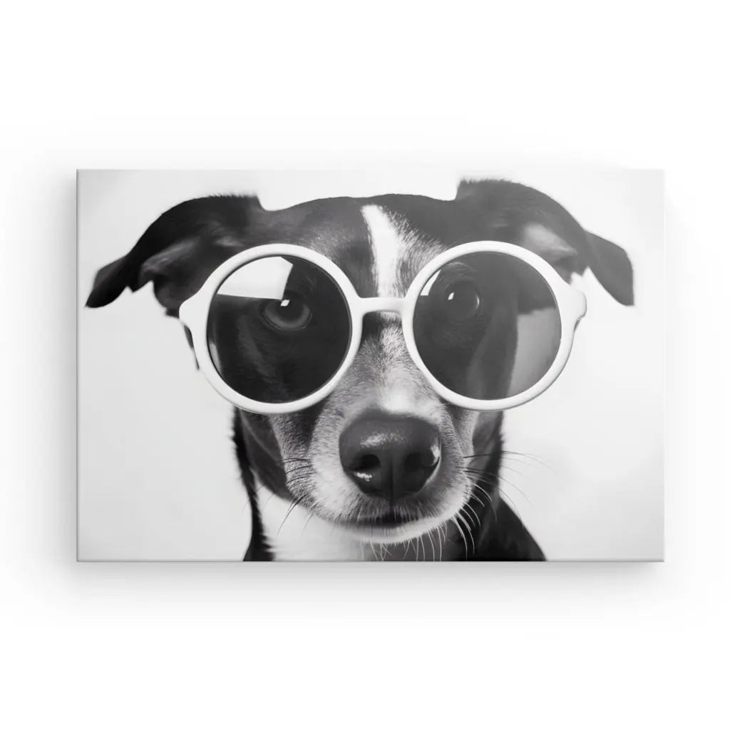 Tableau Chien Lunettes Noir et Blanc Drôle et Mignon Portrait Animal - Univers Noir et Blanc - #tag1# - #tag2# - #tag3#