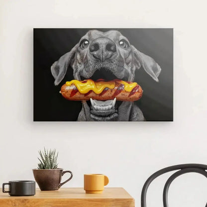 Tableau Chien Monochrome Hot Dog Coloré - Univers Noir et Blanc - #tag1# - #tag2# - #tag3#