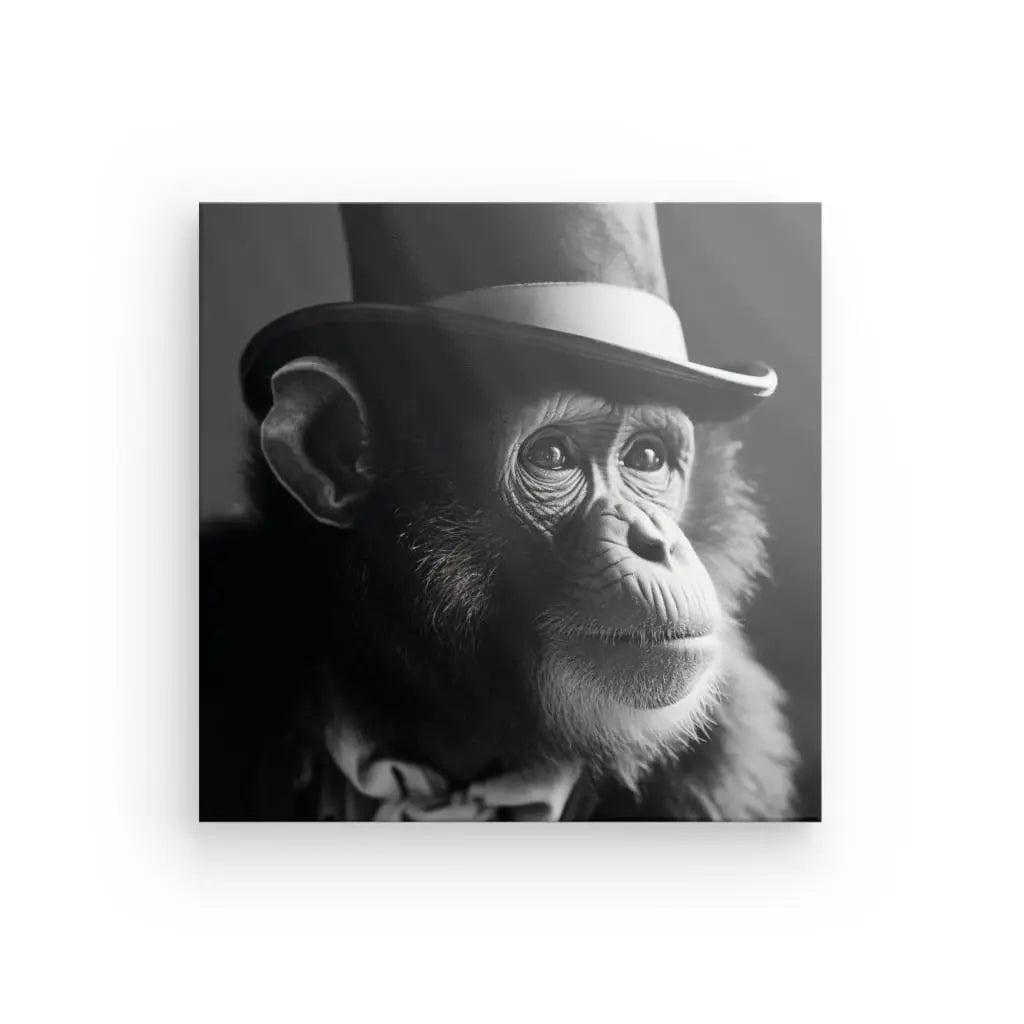 Tableau Chimpanzé Singe Drôle Chapeau Mignon Noir et Blanc - Univers Noir et Blanc - #tag1# - #tag2# - #tag3#