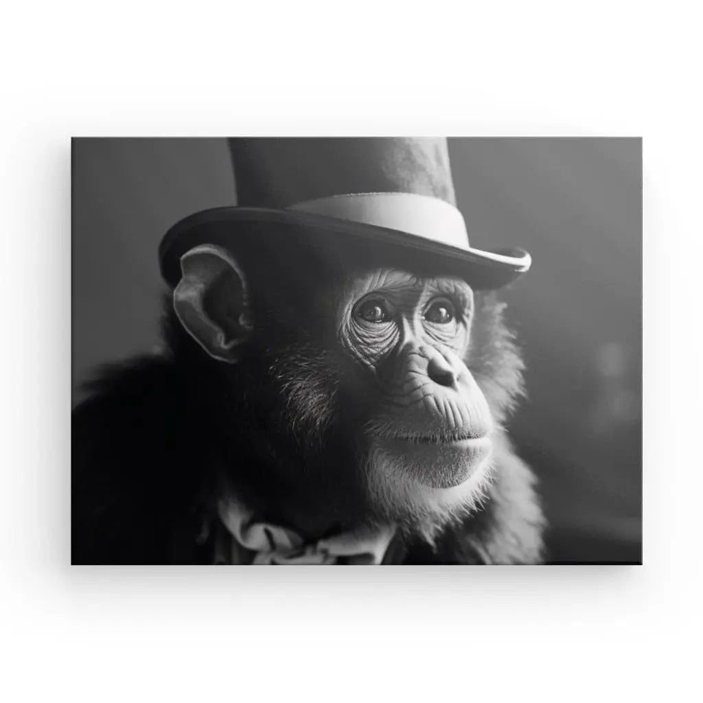 Tableau Chimpanzé Singe Drôle Chapeau Mignon Noir et Blanc - Univers Noir et Blanc - #tag1# - #tag2# - #tag3#