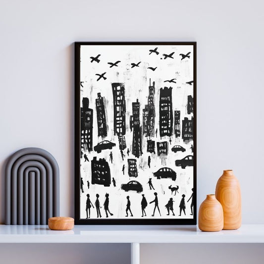 Tableau ville pour chambre d'enfant, illustration poétique et colorée d’un paysage urbain imaginaire









