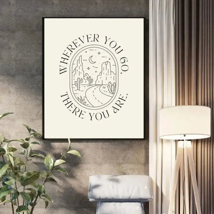 Tableau en beige et noir avec la citation "Wherever you go, there you are", message zen et inspirant pour décoration murale