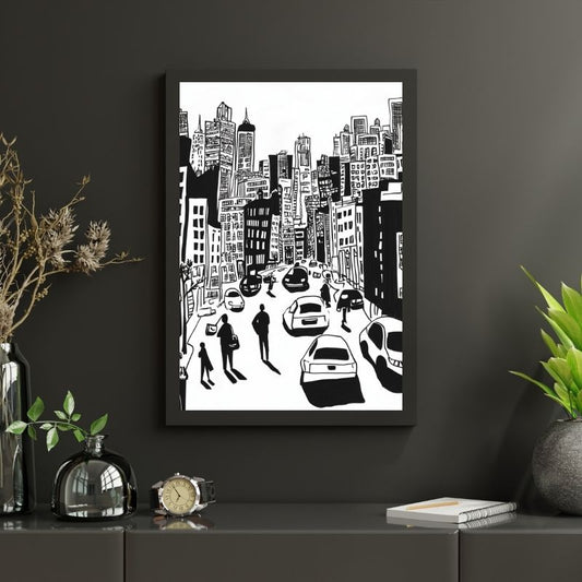 Tableau dessin moderne ville noir et blanc UNB