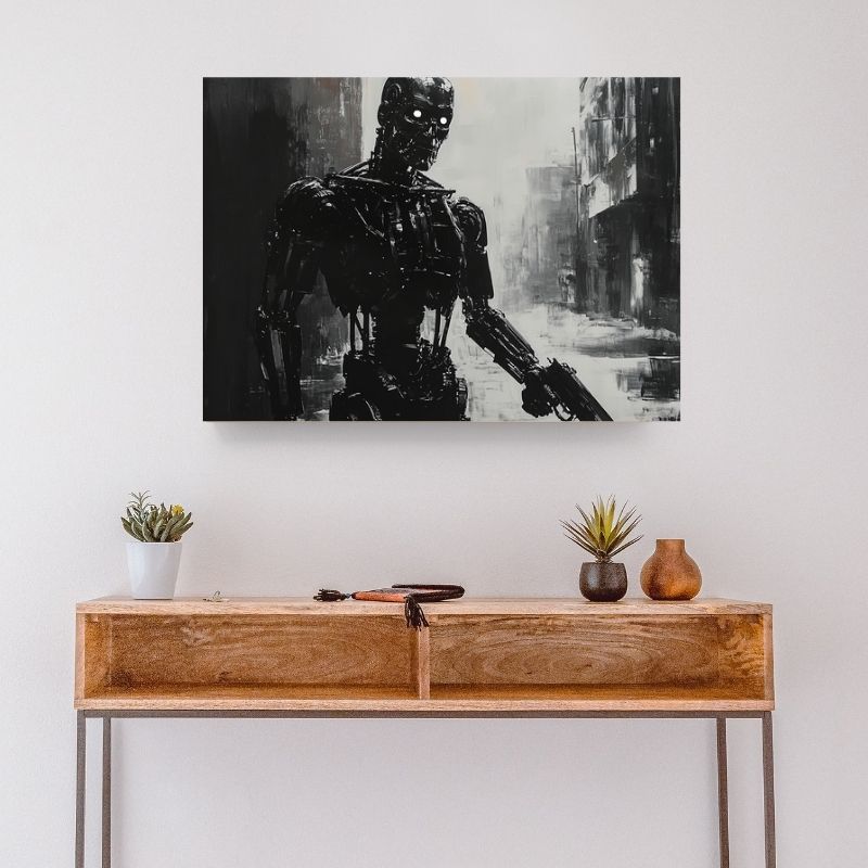 Tableau peinture de Terminator en robot humanoïde monochrome, illustration futuriste pour déco murale en noir et blanc
