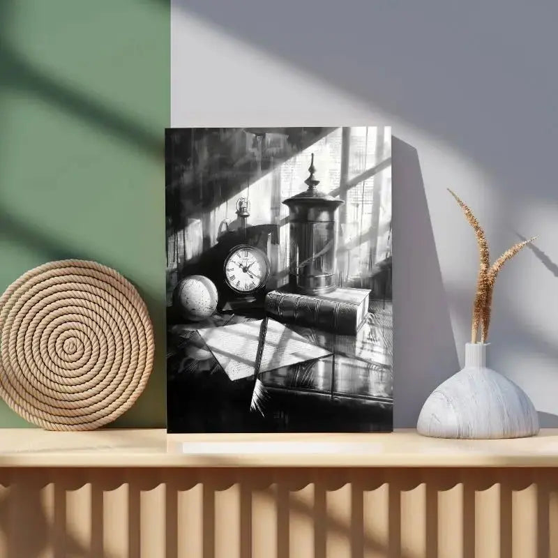 Peinture en noir et blanc d’une nature morte ancienne, tableau élégant au style classique pour décoration murale intemporelle
