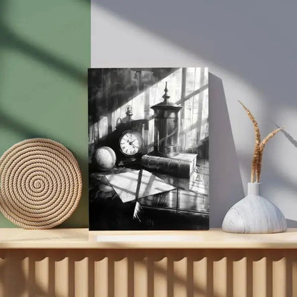 Peinture en noir et blanc d’une nature morte ancienne, tableau élégant au style classique pour décoration murale intemporelle

