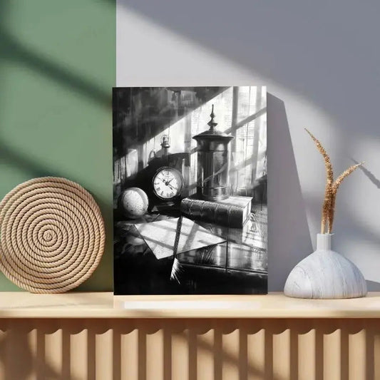 Peinture en noir et blanc d’une nature morte ancienne, tableau élégant au style classique pour décoration murale intemporelle
