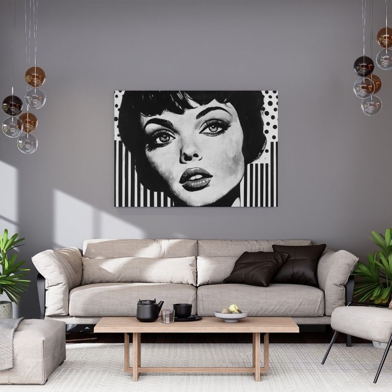 Portrait pop art en style années 50, icône rétro en noir et blanc pour décoration murale vintage
