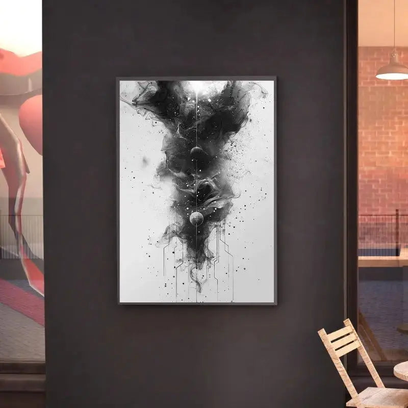 Tableau abstrait monochrome au style science-fiction, œuvre moderne et intrigante pour décoration murale contemporaine