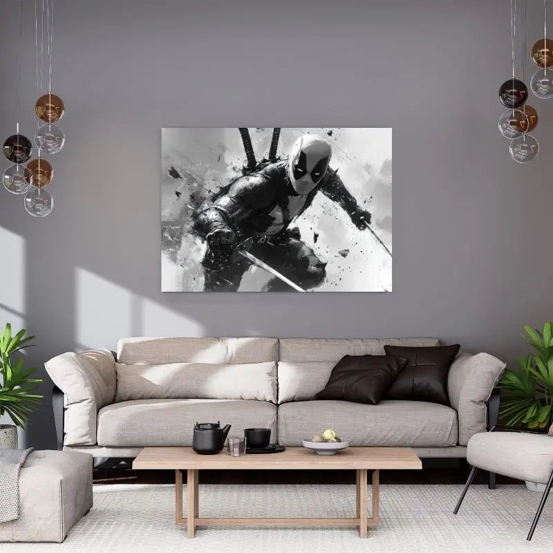 Tableau monochrome de Deadpool en pleine action, style comics Marvel dynamique et contrasté pour décoration murale moderne
