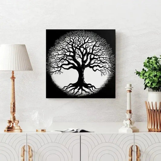 Tableau noir et blanc représentant le symbole de l’arbre de vie, design spirituel et intemporel