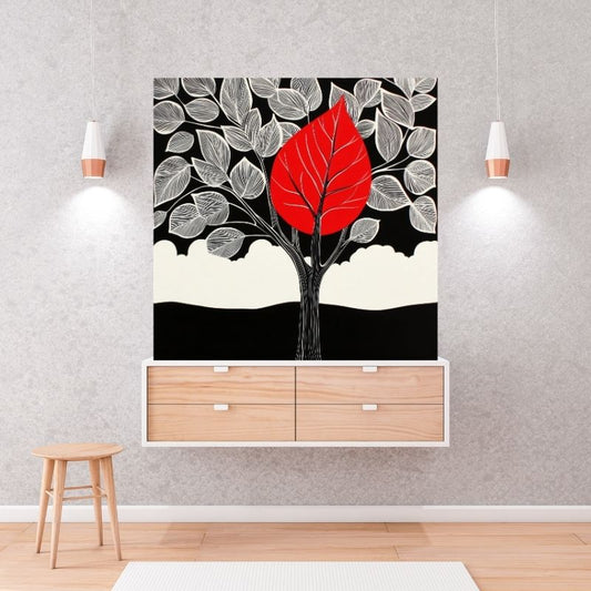 Dessin d’un arbre en noir et blanc avec une fleur rouge, tableau contrasté au style poétique et artistique