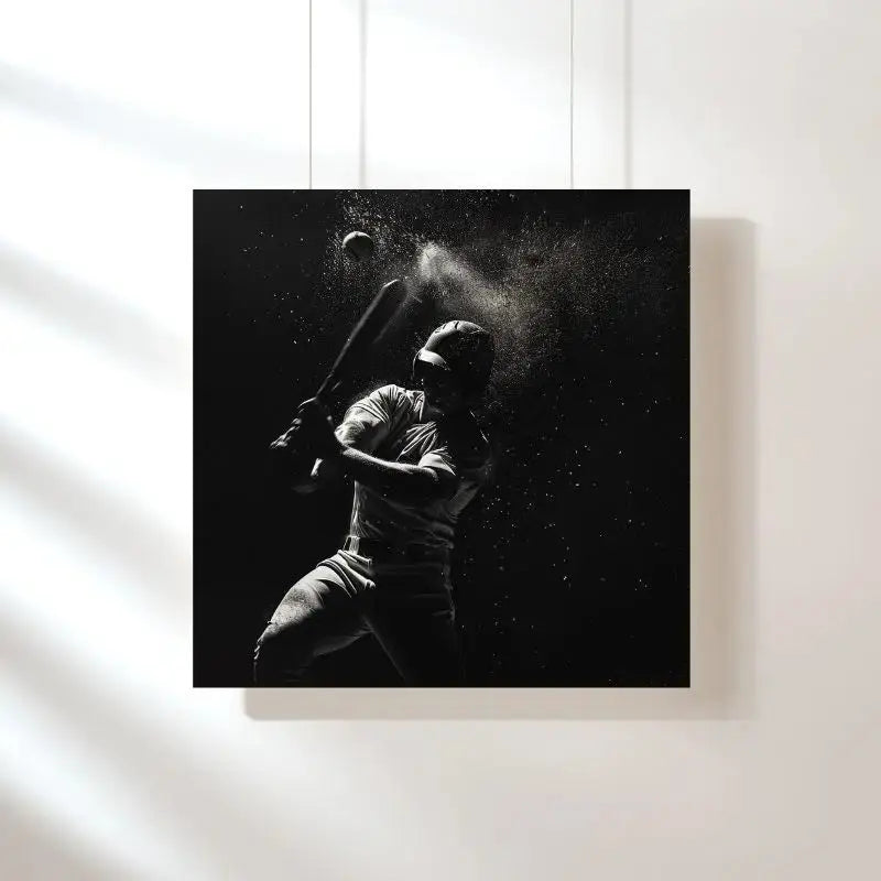 Tableau en noir et blanc d’une scène de baseball en ralenti, œuvre sportive et dynamique pour décoration murale moderne
