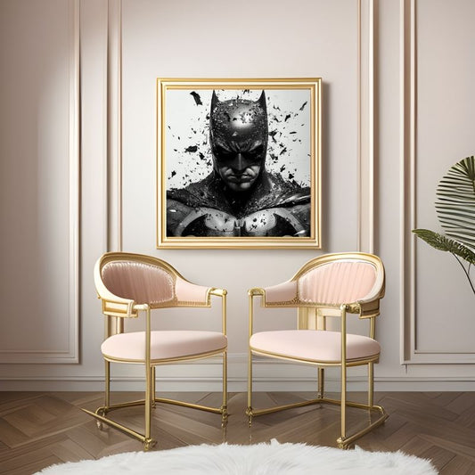 Portrait en noir et blanc de Batman avec une face sombre, tableau intense au style graphique et mystérieux