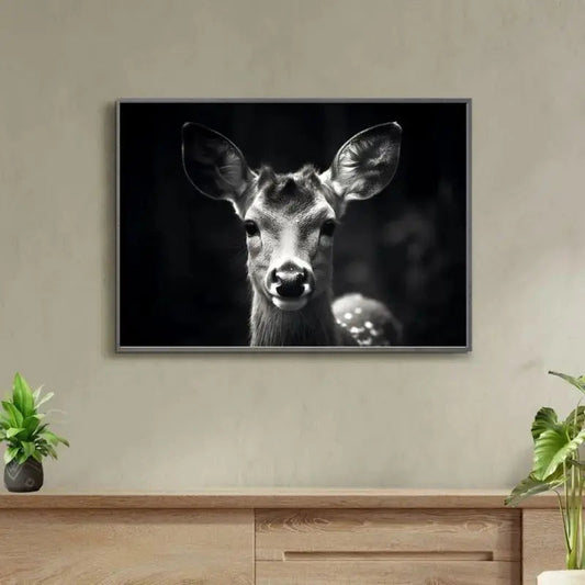 Un portrait de biche en noir et blanc, délicat et sauvage, qui apporte une élégance naturelle et une touche de sérénité à votre décoration.