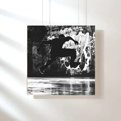 Tableau monochrome d’un danseur de breakdance, scène dynamique et urbaine pour décoration murale moderne
