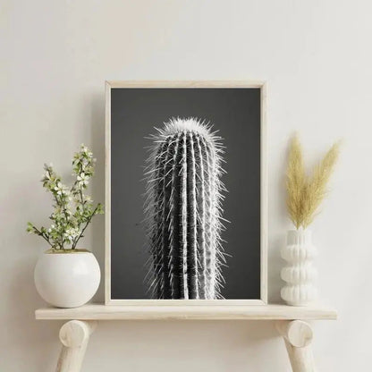 Tableau monochrome minimaliste en gros plan d’un cactus, œuvre moderne et épurée pour décoration murale