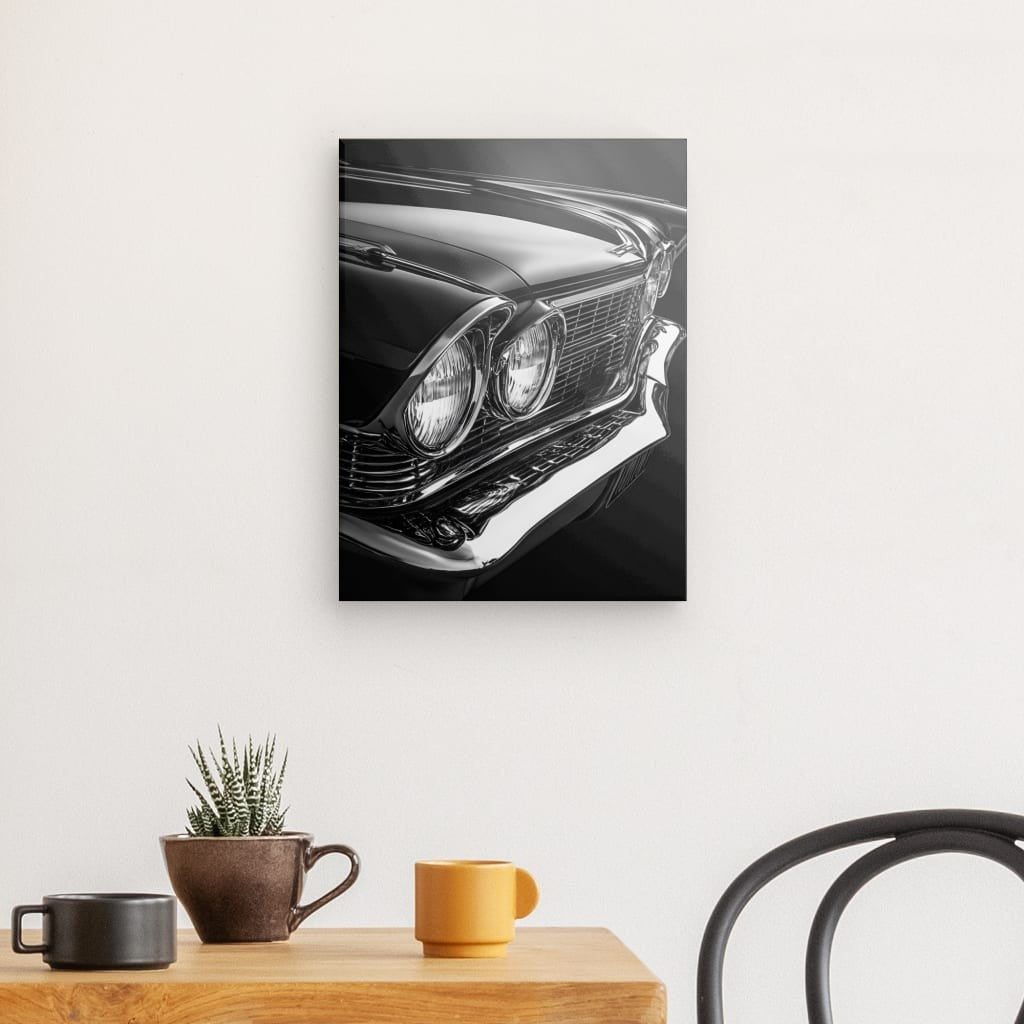 Tableau noir et blanc d’une calandre de voiture, détail automobile vintage pour décoration murale élégante