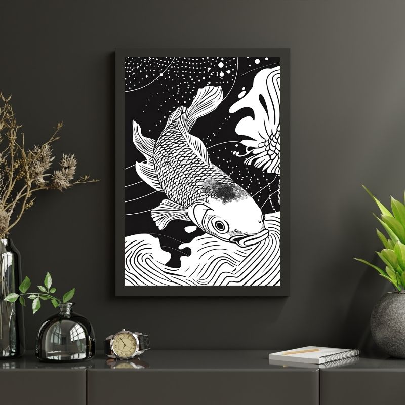 Dessin monochrome d’une carpe Koï dans un style asiatique traditionnel, tableau élégant et symbolique pour décoration murale
