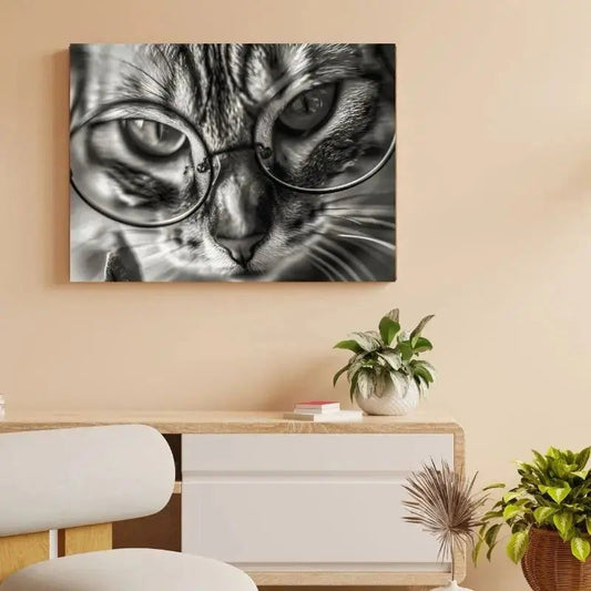 Tableau en noir et blanc d’un chat drôle avec des lunettes en gros plan, œuvre humoristique et originale pour décoration murale
