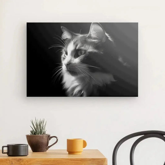 Un portrait de chat en noir et blanc plein de douceur et de caractère, parfait pour sublimer l’élégance discrète de votre animal de compagnie.