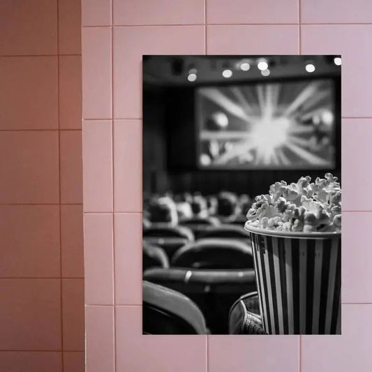Tableau noir et blanc sur le thème du cinéma avec du pop-corn, ambiance rétro et divertissante