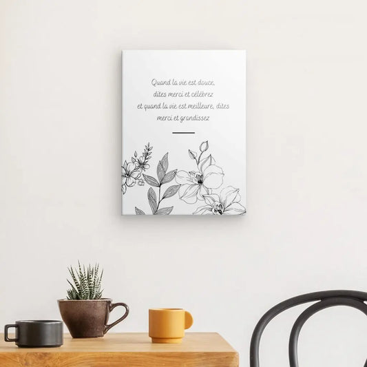 Tableau avec la citation "Fleurs et Gratitude" en texte inversé, œuvre originale et poétique pour décoration murale