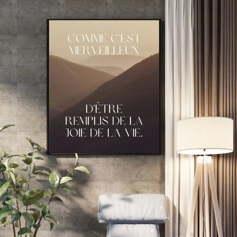 Tableau en beige, noir et blanc avec la citation "Joie de vivre", message positif et élégant pour décoration murale
