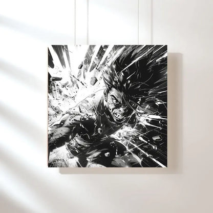 Tableau noir et blanc représentant un combat de manga en dessin, style dynamique et graphique