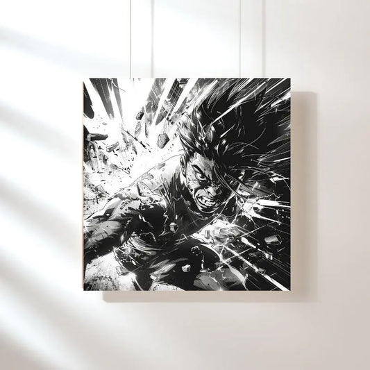 Tableau noir et blanc représentant un combat de manga en dessin, style dynamique et graphique