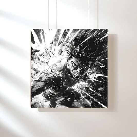 Tableau noir et blanc représentant un combat de manga en dessin, style dynamique et graphique