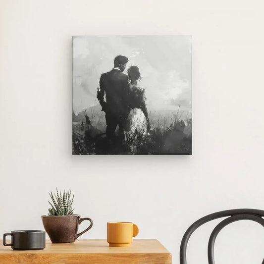 Tableau en peinture noir et blanc d’un couple dans la nature, ambiance poétique et apaisante