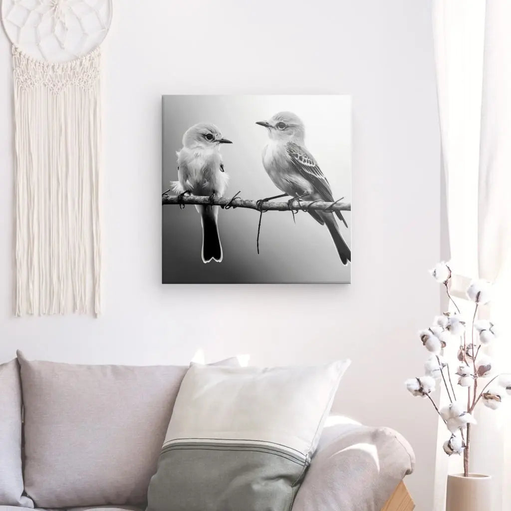 Tableau en noir et blanc d’un couple d’oiseaux posés sur une branche, scène tendre et poétique pour décoration murale
