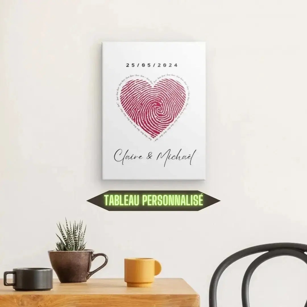 Tableau personnalisé représentant un couple avec un cœur, œuvre romantique et poétique pour décoration murale