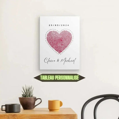 Tableau personnalisé représentant un couple avec un cœur, œuvre romantique et poétique pour décoration murale