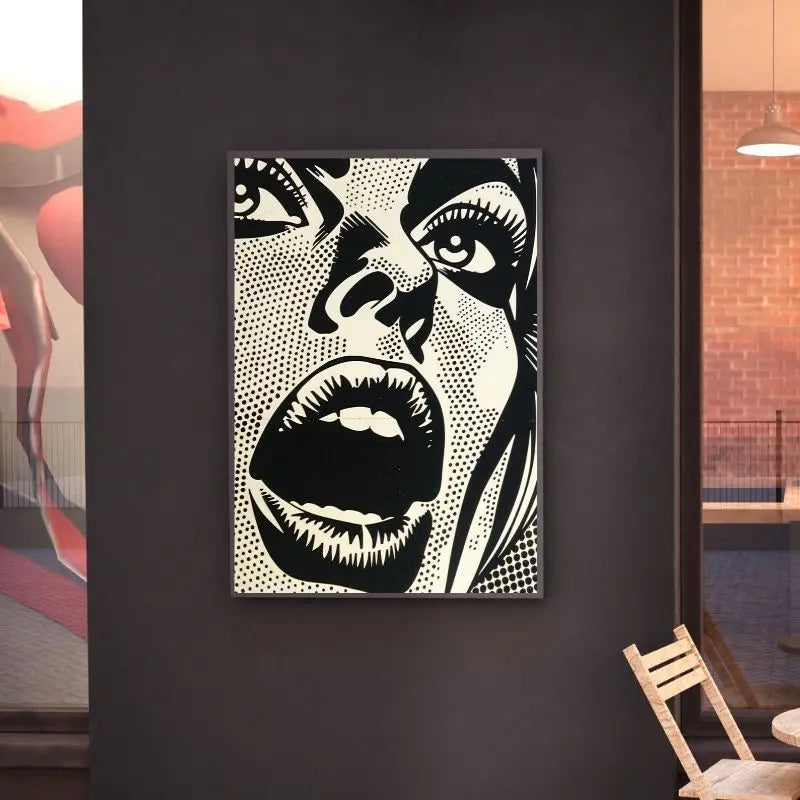 Tableau monochrome d’une femme en train de crier dans un style pop art, œuvre expressive et audacieuse pour décoration murale moderne
