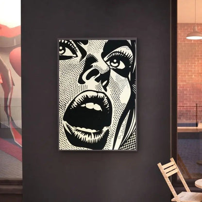 Tableau monochrome d’une femme en train de crier dans un style pop art, œuvre expressive et audacieuse pour décoration murale moderne
