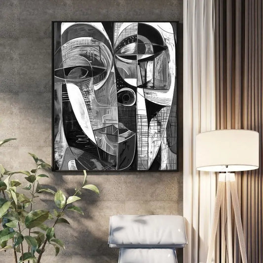 Tableau en noir et blanc d’un visage abstrait dans un style cubiste, œuvre géométrique et moderne pour décoration murale