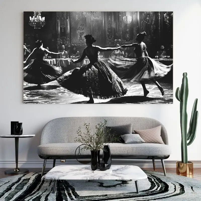 Tableau en noir et blanc de danseuses dans une scène rétro, œuvre élégante et nostalgique pour décoration murale
