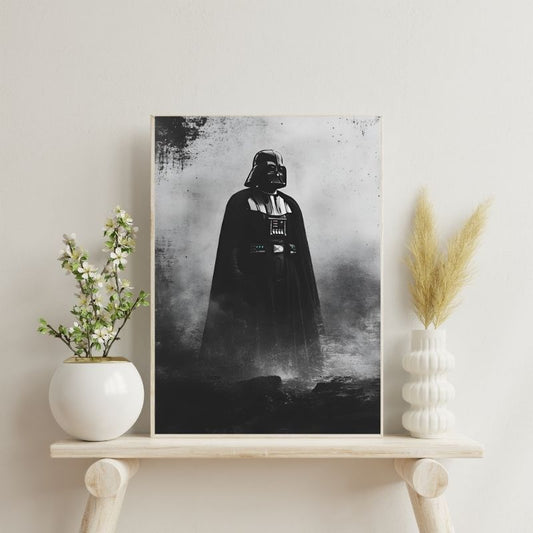 Portrait vintage en noir et blanc de Dark Vador, tableau stylisé au design rétro pour fans de Star Wars