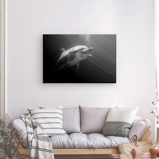 Évoquez la liberté marine avec ce portrait de dauphin dans l’océan, une composition en noir et blanc à la fois apaisante et majestueuse.