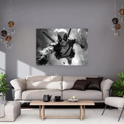 Dessin en noir et blanc de Deadpool, illustration dynamique au style comics pour décoration murale moderne et geek