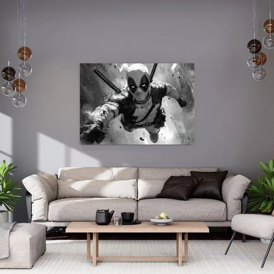 Dessin en noir et blanc de Deadpool, illustration dynamique au style comics pour décoration murale moderne et geek