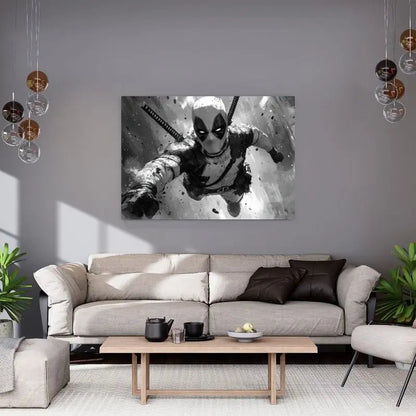 Dessin en noir et blanc de Deadpool, illustration dynamique au style comics pour décoration murale moderne et geek
