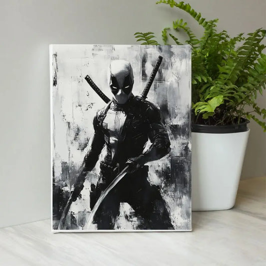 Peinture en noir et blanc de Deadpool, tableau stylisé au style comics pour une décoration murale moderne et percutante
