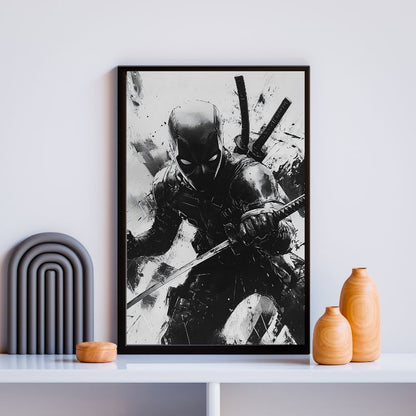Dessin monochrome de Deadpool, super héros Marvel, tableau au style graphique et contrasté pour décoration murale geek et moderne
