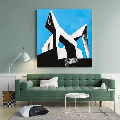 Dessin d’architecture moderne avec un fond bleu, tableau stylisé et contemporain pour décoration murale originale
