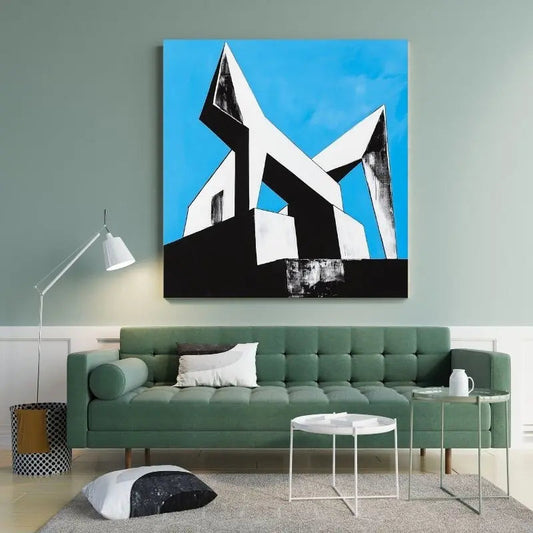 Dessin d’architecture moderne avec un fond bleu, tableau stylisé et contemporain pour décoration murale originale
