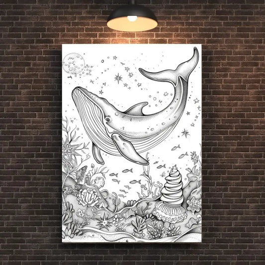 Dessin en noir et blanc d’une baleine, tableau élégant et apaisant pour décoration murale